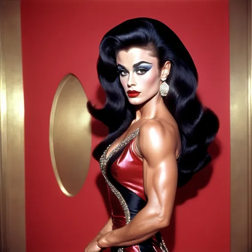 Prompt: James Dean dressed as a Gorgeous ultra-muscular 25-year-old drag queen bodybuilder with very long straight shiny black hair wearing a gaudy Gianni Versace designed dress and 8 inch stiletto high heel shoes, with smoky eye shadow and mascara and dark red lipstick.