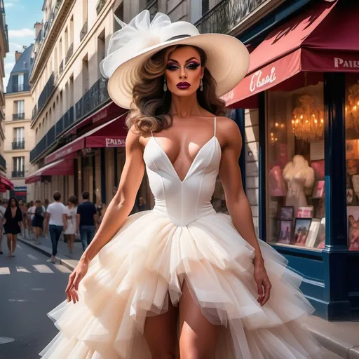 Prompt: A painting of an elegant, high-fashion gorgeous, muscular 25-year-old French drag queen bodybuilder in (elegant white floppy hat) and a (flowing white layered tulle dress) poses gracefully on a charming Parisian street, (vibrant colors) and (soft, romantic lighting) enhance the enchanting ambiance. The background features iconic Parisian architecture, with (cobblestone pavement) and (blooming flowers) that evoke a (dreamy, idyllic atmosphere). The scene captures the essence of elegance and charm, expressed in (ultra-detailed HD).