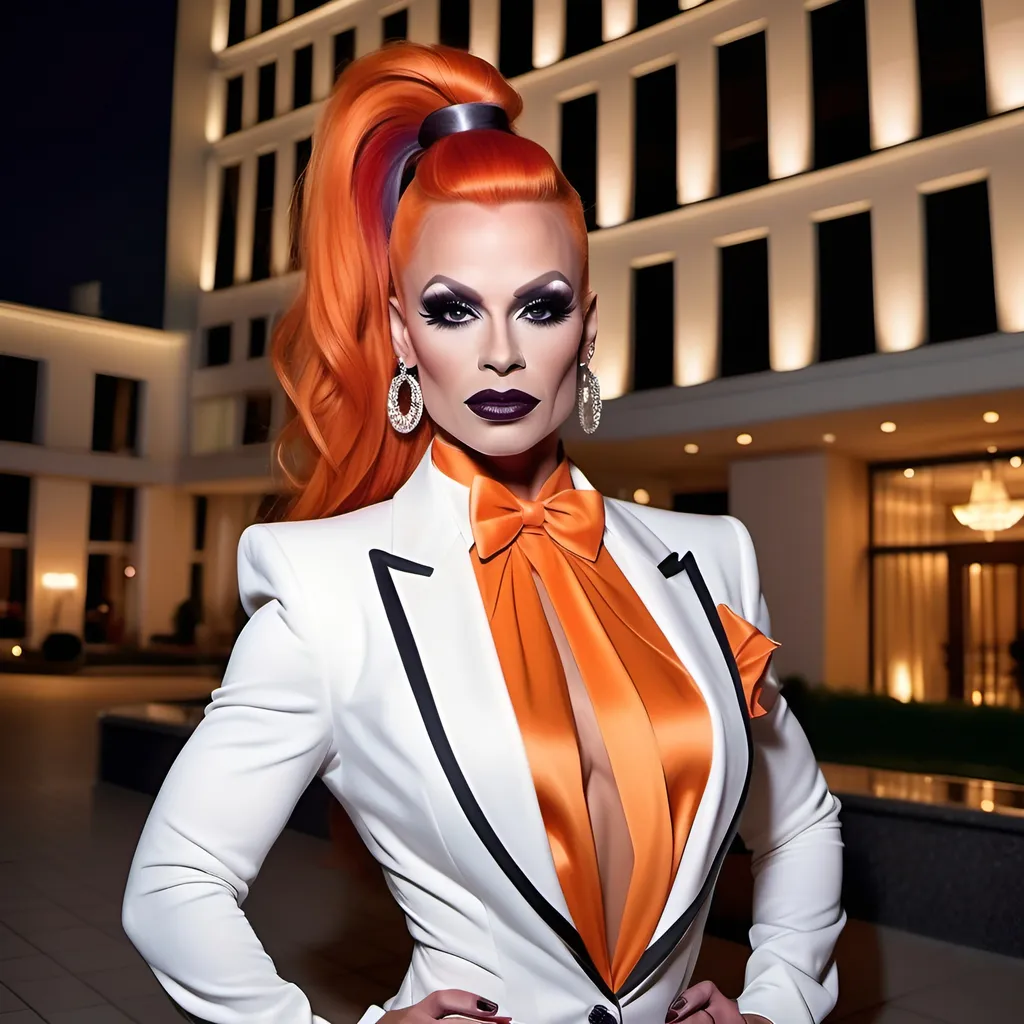 Prompt: A gorgeous muscular 35-year-old Polish drag queen bodybuilder with very long high tigh dark orange ponytail, dark eyeshadow,  and dark lipstick, wearing a multi-colored and white tuxedo with ruffles and eight inch multi-colored platform high heel shoes. Posing in front of a fancy hotel at night.