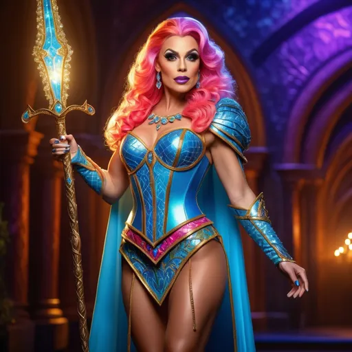 Prompt: Fairytale hero for hire, gorgeous muscular 35-year-old British drag queen sword maiden, cinematic, highly detailed, magical realism, enchanting atmosphere, luminous lighting, vibrant colors, whimsical and adventurous, dynamic pose, intricate costume design, glowing fairytale creatures, ultra-detailed, high resolution, 4K, professionally rendered