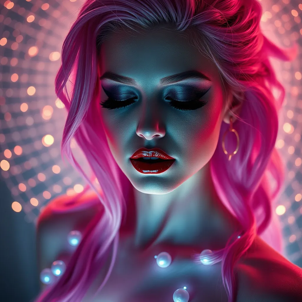 Prompt: (photorealistic painting), a gorgeous ultra-muscular 25-year-old Romanian drag queen with long pink hair, with her eyes closed, dark smokey eyeshadow and dark red ipstick, (glowing ethereal aura) behind her face and body, intricate (particles of light), inspired by Elsa Bleda's style, atmospheric and dreamy ambiance, soft and mystical lighting, high contrast between the glowing backdrop and her facial features, ultra-detailed, highly immersive, captivating and tranquil.