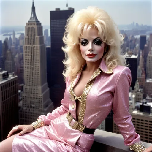 Prompt: Michael Jackson  dressed as a 25-year-old gorgeous drag queen Dolly Parton posing on the ledge of a building, high above NYC.