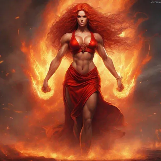 Prompt: Gorgeous ultra-muscular 25-year-old Finnish goddess bodybuilder with huge busom and with ridiculously long flaming fiery hair, {{ultra definition, concept art, cinematic, epic 4K masterpiece}
a goddess of fire, fiery hair, fieryb eyes, surrounded by fire, tall and evil,
{clothes] red fiery dress, mythology, full body, 8 inch stiletto high heel shoes, highly detailed, digital photography, artstation, concept art, smooth, sharp focus, illustration, 4k,