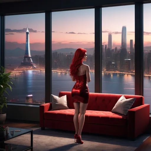 Prompt: a living room with a large window overlooking a city skyline at night time with a couch and chairs in front of a large window, Alena Aenami, photorealism, unreal engine render, a digital rendering, a beautiful muscular French drag queen in short office dress stands by the bay window and looks out, a digital painting, long red straight hair, high definition, sunlight, 8k,4k, arabesque, 