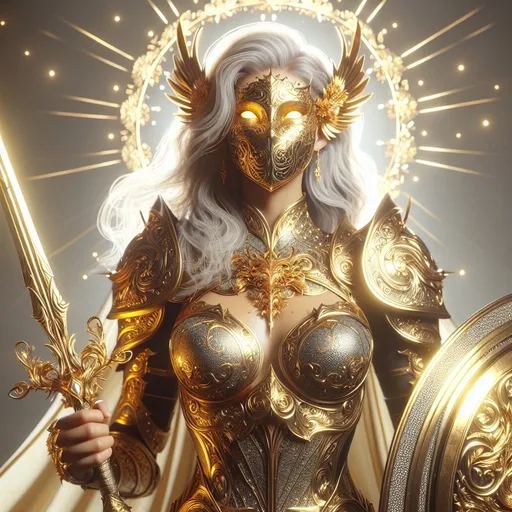 Prompt: DnD style Aasimar with golden mask, sword, and shield, glowing golden eyes, intricate gold details, high quality, fantasy, detailed armor, radiant lighting, heroic pose, divine aura, female, Full Mask