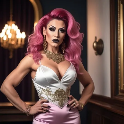 Prompt: beautiful full body length photograph of gorgeous, very muscular, 35-year-old Turkish drag queen (masculine jawline and brow facial features) with big busom, dark lipstick, beautiful silky pink hair, 8 inch stiletto high heel shoes, goodness, heavenly, royal, White and gold, extremely gown, detailed environment, detailed blur background, intricate, detailed skin, natural colors , High-resolution, professionally color graded, photorealism, 8k, moody lighting.