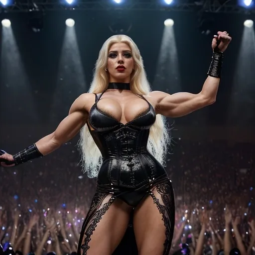 Prompt: hyper realistic image of a Gorgeous ultra-muscular 25-year-old Czechian drag queen bodybuilder with very long straight shiny platinum blonde hair, (long m straight laced and corsetted night leather dress), dark eyeshadow,  heavy mascara,  dark red lipstick, glamorous pose, flawless skin, vibrant stage lights reflecting off the dress, intricate lace details, dramatic shadows enhancing curves, striking facial expression, confetti scattered around, electric atmosphere, (4K ultra-detailed), captivating background with concert crowd silhouettes.