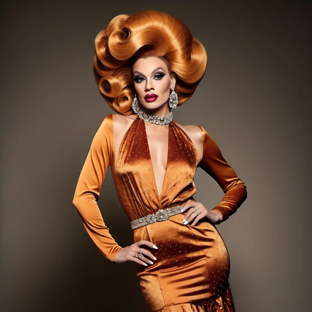 Prompt: Haute couture French drag queen model in a retro 1970s outfit, retro hair style, elegant and sophisticated full body pose, luxurious fabric with rich textures, high-end fashion photography