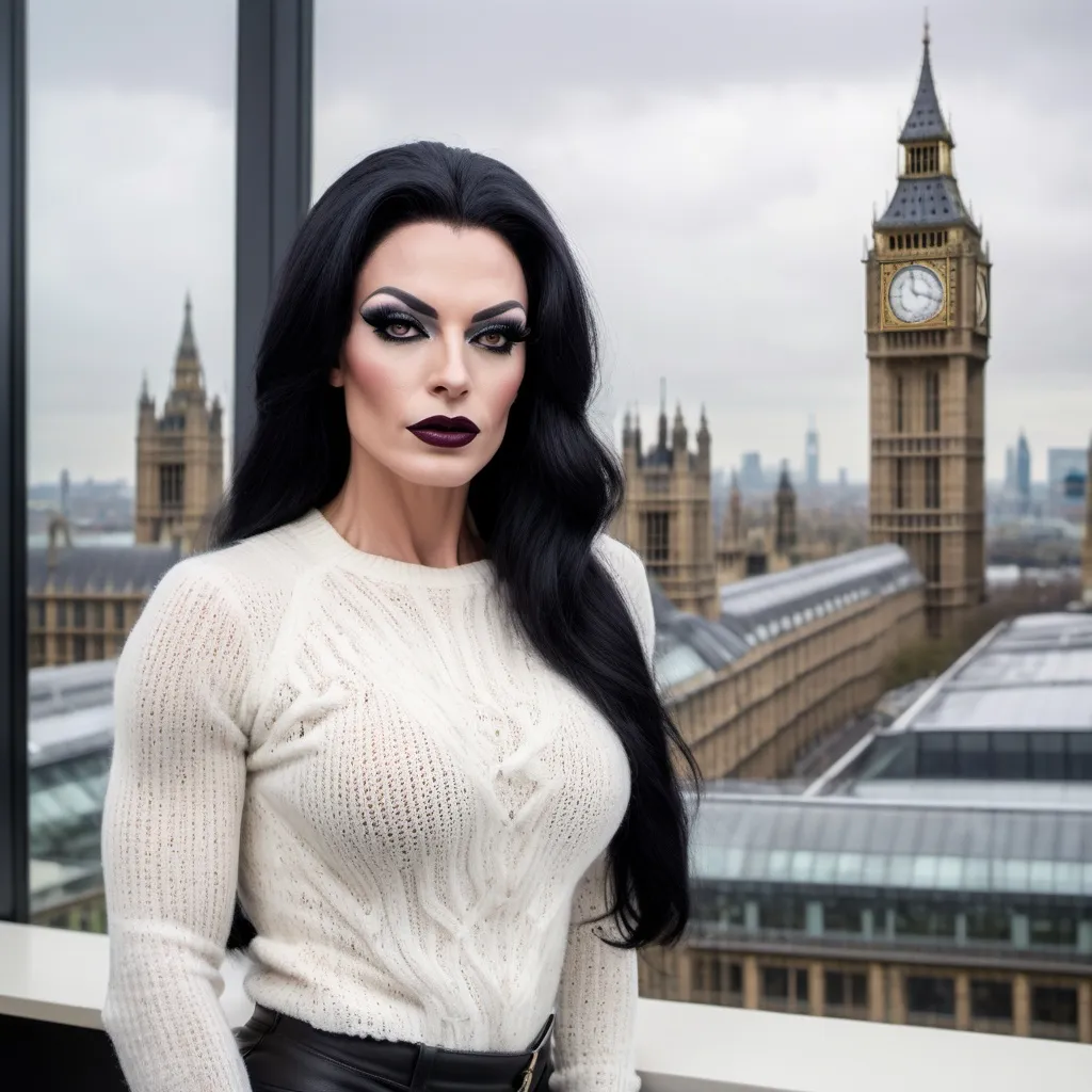 Prompt: Gorgeous muscular 35-year-old French drag queen with strong masculine jawline,  very long black hair, dark eyeshadow, and dark lipstick, in the CAD office wearing a white chenille knitted sweater, next to the window with London city and Big Ben view