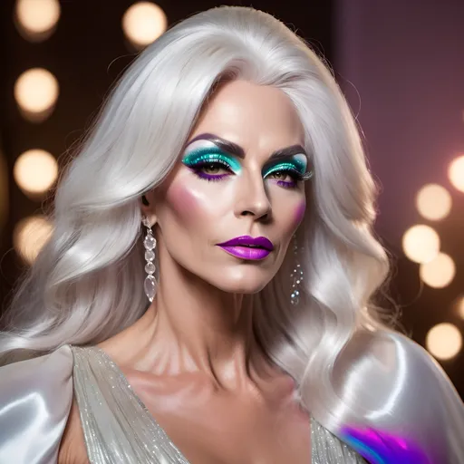 Prompt: Gorgeous muscular 45-year-old Russian drag queen with very long stylish white hair, very strong masculine jawline and brow,  wearing a Prosecco dress, (sparkling elegance), voluminous silk fabric, glistening bubbles embedded, (feminine silhouette), romantic flow, neon colors with vivid highlights, shimmering under gentle light, (high fashion), luxurious atmosphere, celebratory mood, whimsical elegance, surrounded by a stylish garden setting, ultra-detailed, 4K quality.