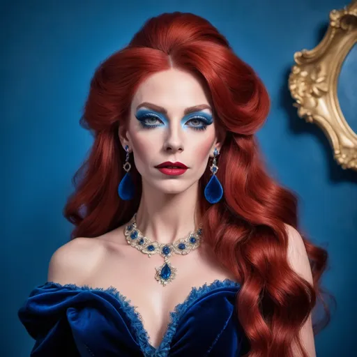 Prompt: a French drag queen (with strong masculine jawline and brow facial features) with long red hair wearing blue velvet dress and earrings, posing for a picture with a blue background, Elina Karimova, rococo, elegance,  photorealistic