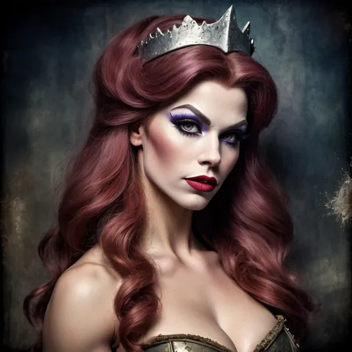 Prompt: Grunge medieval Gorgeous 25-year-old Daphne Blake drag queen bodybuilder (strong drag queen facial features), impasto, old picture effect, whimsical, highres, detailed, medieval, impasto, old picture effect, grunge, Snow White, fairy tale, dark tones, atmospheric lighting