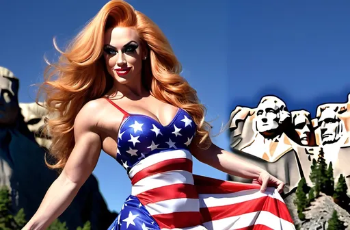 Prompt: Design a high-definition 64k live action digital photograph of a Gorgeous ultra-muscular 25-year-old caucasian Mid-Western drag queen bodybuilder with huge busom and ridiculously long wavy strawberry-blonde hair (((blowing in the wind))),  wearing a beautiful American Flag Dress and 8 inch stiletto high heel shoes, Mount Rushmore Background in the morning.