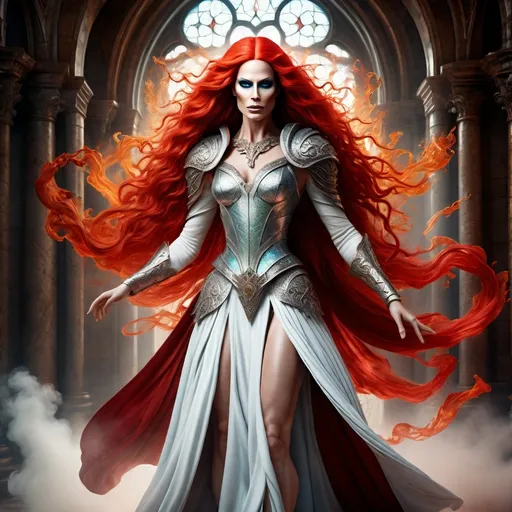 Prompt: In the creative style and detail of Leonardo Da Vinci create a highly detailed, ultra high definition photo-realistic image of a gorgeously stunning beautiful otherworldly muscular fictional fantasy white drag queen, casting magic nuclear blasts, with ridiculously long flowing red hair, ample cleavage, body surrounded by magical swirling mist. 

Wearing full dragon scale armor (random pose) pulling magic from a foes heart in a marbled mosaic temple hall of a Majestic castle, maintaining a magic casters alluring pose. Full body, centered, fantasy setting, character concept, cinematic, colorful background, concept art, dramatic lighting, highly detailed, hyper realistic, intricate sharp details, octane render, smooth, ultra studio lighting, perfect shading and shadows, trending on art station, 64k, HDR, unreal engine, emotive, cgi, animated, character art, iridescent, metallic.