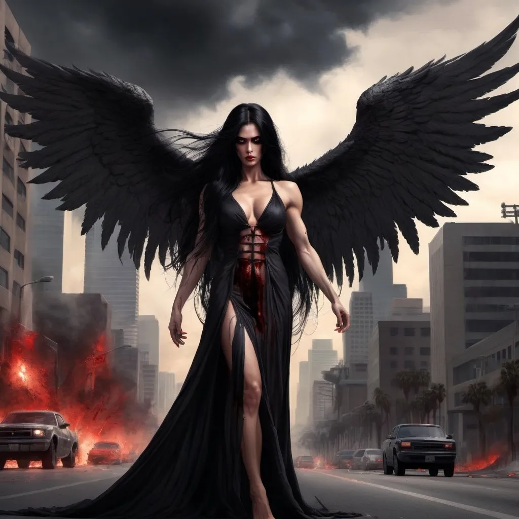 Prompt: Gorgeous, muscular, female, angel of death wearing dark and bloody robes. Ridiculously large wings. Ridiculously long flowing black hair. Flying over the streets of Los Angeles during Armageddon. 