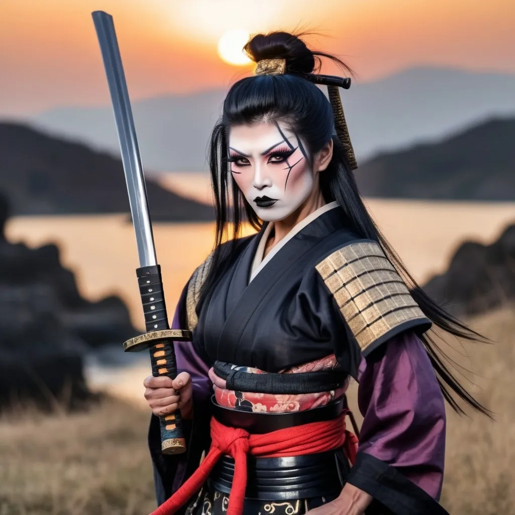 Prompt: A gorgeous muscular 35-year-old Japanese drag queen Samurai (dark eye makeup, dark lipstick, big busom, and dark black hair) wearing a traditional ancient Samurai Yorkie and holding a katana in each hand in a battle stance. 13th century Japan at sunset.
