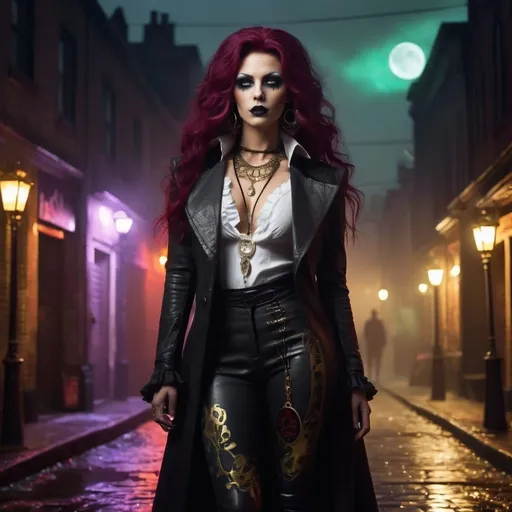 Prompt: A charismatic drag queen of the Ravnos clan from Vampire: The Masquerade, standing in a misty cobblestone alley under a vintage streetlamp. Gothic and bohemian clothing with subtle Romani-inspired details: a long black leather coat with ornamental patterns, a semi-open white shirt with ruffled cuffs, tight leather pants, and tall boots. Accessories include gold and silver jewelry: rings, bracelets, necklaces, and earrings, all glowing faintly under the moonlight. The character has long, dark, partially tied hair with loose strands falling around their pale face. Piercing golden eyes with a faint supernatural glow. Holding a worn playing card (Ace of Spades) spinning it effortlessly. The background shows a decaying urban setting with graffiti and shadowy figures lurking in the mist. Dark and mysterious atmosphere, color palette of blacks, deep reds, golds, and subtle violet and emerald highlights to enhance a mystical vibe. Cinematic lighting.

