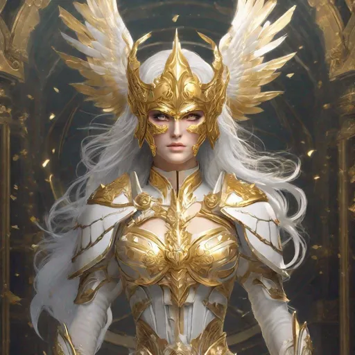 Prompt: DnD style Aasimar with golden mask, sword, and shield, glowing golden eyes, intricate gold details, high quality, fantasy, detailed armor, radiant lighting, heroic pose, divine aura, female, no wings Full Mask
