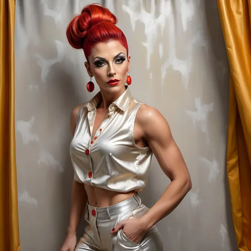 Prompt: oil painting of gorgeous muscular 35-year-old Bulgarian drag queen with a (bright red bun hairstyle), wearing an (elegant sleeveless mustard button-up blouse) and (off-white fancy pants), strikes a (modeling pose) near a perfectly designed silver aesthetic wall and multicolored curtain, Captured in a (low angle shot), showcasing her (detailed features). 