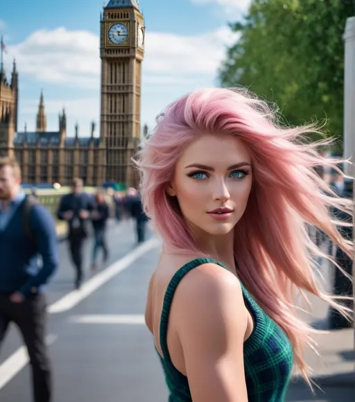 Prompt: 8k hi-res hd digital realistic photograph, windswept ridiculously long pink haired Czechian woman with blue eyes, square face, huge busom, walking on Westminster Bridge, Big Ben in background, wearing blue-green tartan sweater, navy pencil skirt, black 8 inch stiletto high heel shoes, windswept hair, muscular physique, summer day, high-res, pro photo, detailed facial features, realistic style, sunny day lighting, muscular physique, fluid movement, dynamic motion. Ultra-detailed.  Ultra-realistic. 