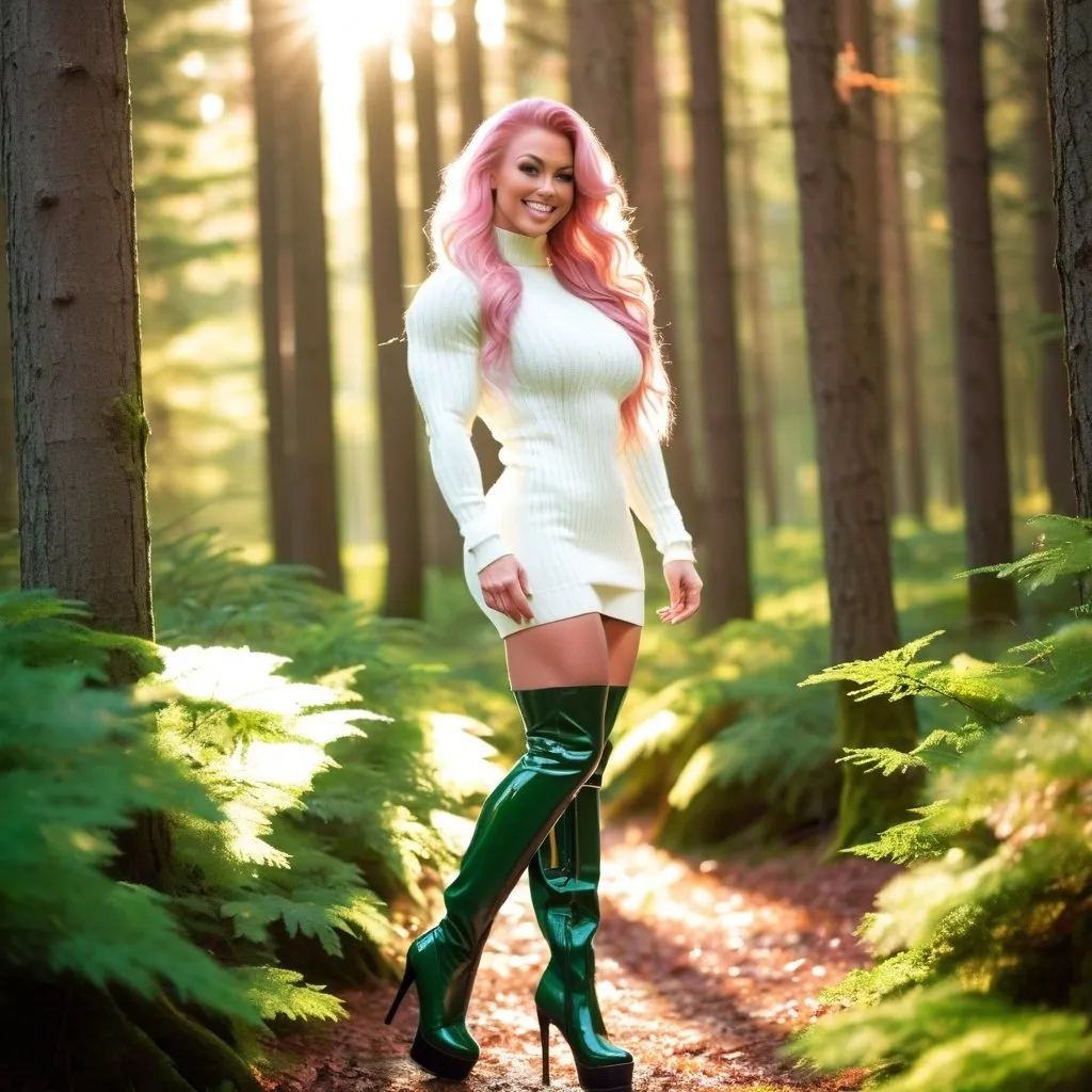 Prompt: Close shot, beautiful smiling tall ultra-muscular 25-year-old Finnish goddess bodybuilder with huge busom and pink medium length hair, white & green long sweater, 6 inch thigh-high patent leather black high heel boots, standing in a forest, rays of sunshine shine through the leaves.