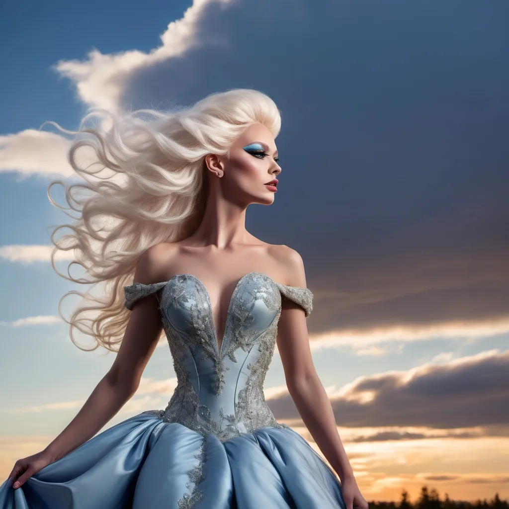 Prompt: (masterpiece), (best quality), (ultra-detailed), A gorgeous 25-year-old Finnish drag queen standing gracefully, her delicate figure silhouetted against the backdrop of a breathtakingly beautiful sky. The air is filled with a sense of serene tranquility as the wind gently rustles through her hair, causing the extremely delicate and beautiful fabric of her dress to billow softly around her. As she gracefully moves, flying splashes of water and petals accompany her, caught up in the ethereal dance of the wind. The scene is a symphony of beauty, with every detail meticulously crafted to evoke a sense of wonder and awe