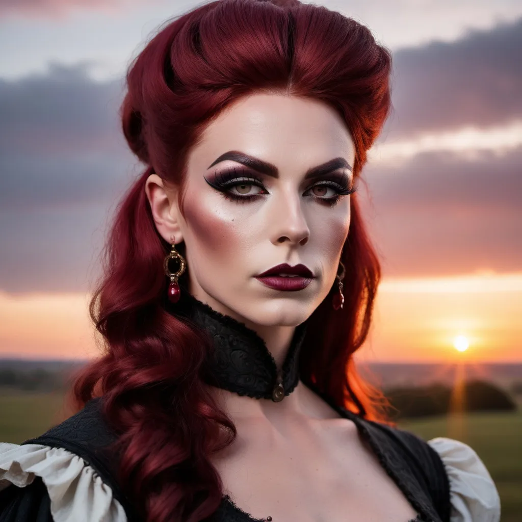 Prompt: Gorgeous muscular 25-year-old British drag queen Pilgrim with dark red hair, very strong masculine jawline and brow,  dark eyeshadow and dark red,  posing in 17th century America at sunrise.