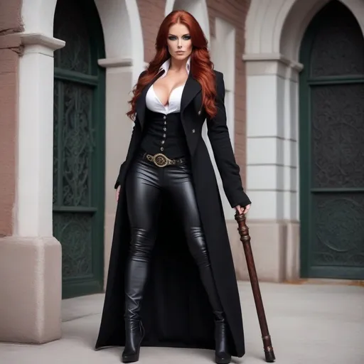 Prompt: A gorgeous ultra-muscular 25-year-old Finnish goddess bodybuilder with huge busom wearing a long black coat, with a black waistcoat and a white shirt, unbuttoned at the top . She's wearing a slightly crumpled top hat and has ridiculously long auburn hair. She carries a walking cane with a red crystal, round handle. She has green eyes. In the style of gothic & steam punk. She is about 25 years old. wearing a heavy, black coat, black pants, and 8 inch high heel shoes. Composition focus on legs and full-body. 