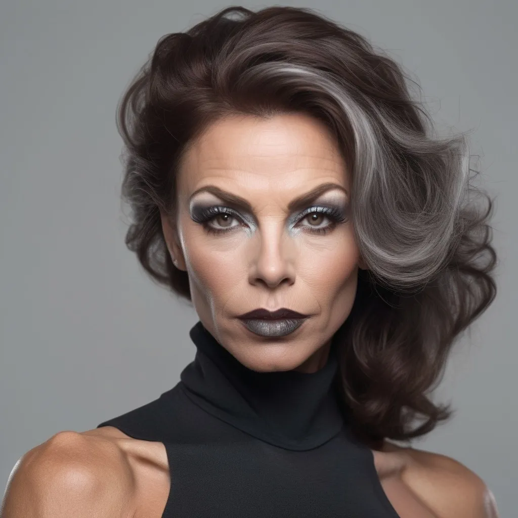 Prompt: Create a highly stylized, ultra-detailed portrait of a Caucasian, Gorgeous, very muscular, suntanned, 50-year-old, French drag queen bodybuilder (with very masculine jawline and brow facial features, dark lipstick) with long, silver,  corkscrew,  oiled curly  hair, each piece in place. Her face is flawlessly smooth with a porcelain-like finish, set against the bright, intense brunette of her hair. She has a powerful, ethereal presence, with her eyes light blue, grey slightly narrowed, accentuated by smoke eye makeup that blends seamlessly with her hair, creating a monochromatic, cohesive look. Her lips are painted a vivid, matte red, giving a dramatic contrast against her pale, flawless skin. She wears a charcoal turtleneck. The background is a subtle gradient of charcoal tones, giving a sense of warmth and surreal beauty. The lighting is soft and even, highlighting the textures of the hair, fabric, and her facial features, with shadows that enhance the contrast between her pale skin. The overall aesthetic should be bold, modern, and surreal, exuding a sense of power and elegance. Render this in a 1:1 aspect ratio for a balanced, symmetrical portrait that captivates the viewer's attention.