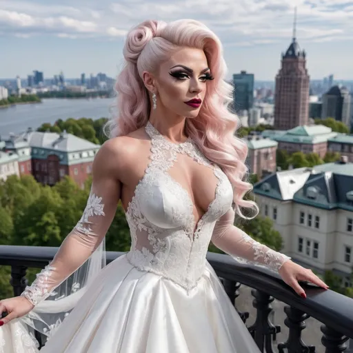 Prompt: Gorgeous ultra-muscular 25-year-old Finnish drag queen bodybuilder with ridiculously long wavy platinum pink updo hairstyle wearing an elegant white wedding dress, standing on the balcony of her luxurious mansion overlooking the city skyline. She has dark eye makeup and dark red lipstick. The gown features delicate lace detailing along its bodice and halter neckline, complemented by sheer sleeves that accentuate her figure's curves. Her pose is confident yet graceful as she gazes out at the horizon, embodying grace and elegance in timeless beauty in the style of a classic painting