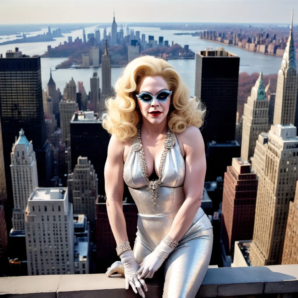 Prompt: Elton John dressed as a 25-year-old gorgeous drag queen Madonna posing on the ledge of a building, high above NYC.