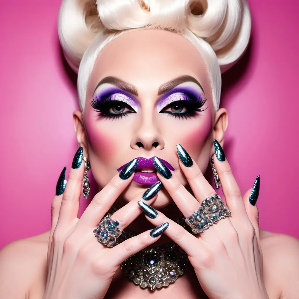 Prompt: Beautiful drag queen hand with sophisticated long painted nails