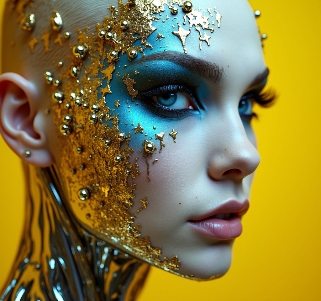 Prompt: a gorgeous masculine 25-year-old drag queen's face is futuristically transformed into a chrome-plated structure covered in wires. The left blue eye is shown in photo-realistic detail. the right eye futuristic. It is surrounded by silver and gold detailed small shapes against an abstract background that depicts dark yellow tones as dripping paint 