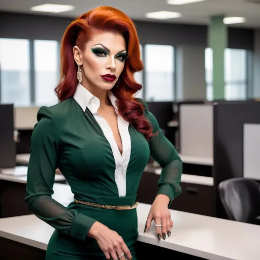 Prompt: Gorgeous ultra-muscular 25-year-old drag queen businesswoman, very well endowed, dark orange updo hairstyle, wearing sophisticated dark green business dress and white blouse, dark eye shadow and dark red lipstick, 8 inch stiletto high heel shoes, standing by a cubicle 