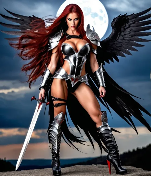 Prompt: Demonic Angel, gorgeous ultra-muscular 25-year-old Czechian bodybuiler with huge busom and ridiculously Long dark red Hair, long muscular legs, Demonic Eyes, Angel WIngs, Full Body, Armor, 8 inch stiletto high heel armour boots, Legendary Sword, Holy, Blood, Raven and Moon in Background