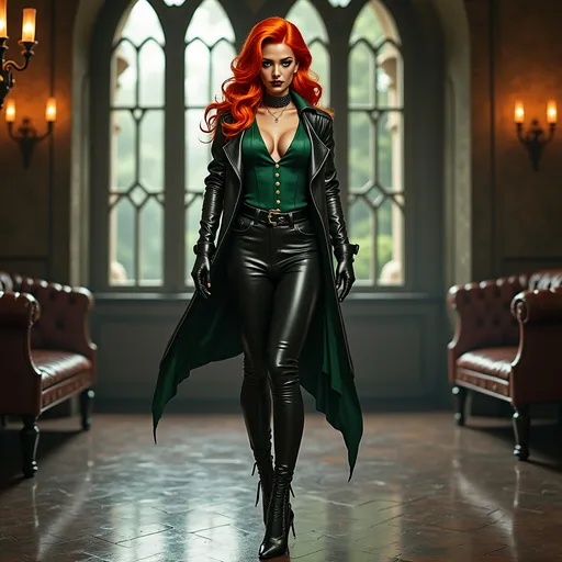 Prompt: Full-length realistic illustration of a confident, gorgeous, muscular 35-year-old French drag queen with stylish orange hair, wearing tight black leather leggings without pockets  Victorian-style green silk blouse, stiletto boots, leather gloves, leather jacket, detailed fabric texture, strong stance, dark eyeshadow,  dark lipstick, realistic, detailed, full body, confident expression, urban fashion, high quality, detailed, realistic, contemporary art, professional, atmospheric lighting, old dark castle.