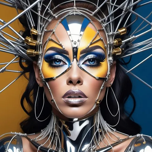 Prompt: a gorgeous 25-year-old drag queen's face is futuristically transformed into a chrome-plated structure covered in wires. The left blue eye is shown in photo-realistic detail. the right eye futuristic. It is surrounded by silver and gold detailed small shapes against an abstract background that depicts dark yellow tones as dripping paint 