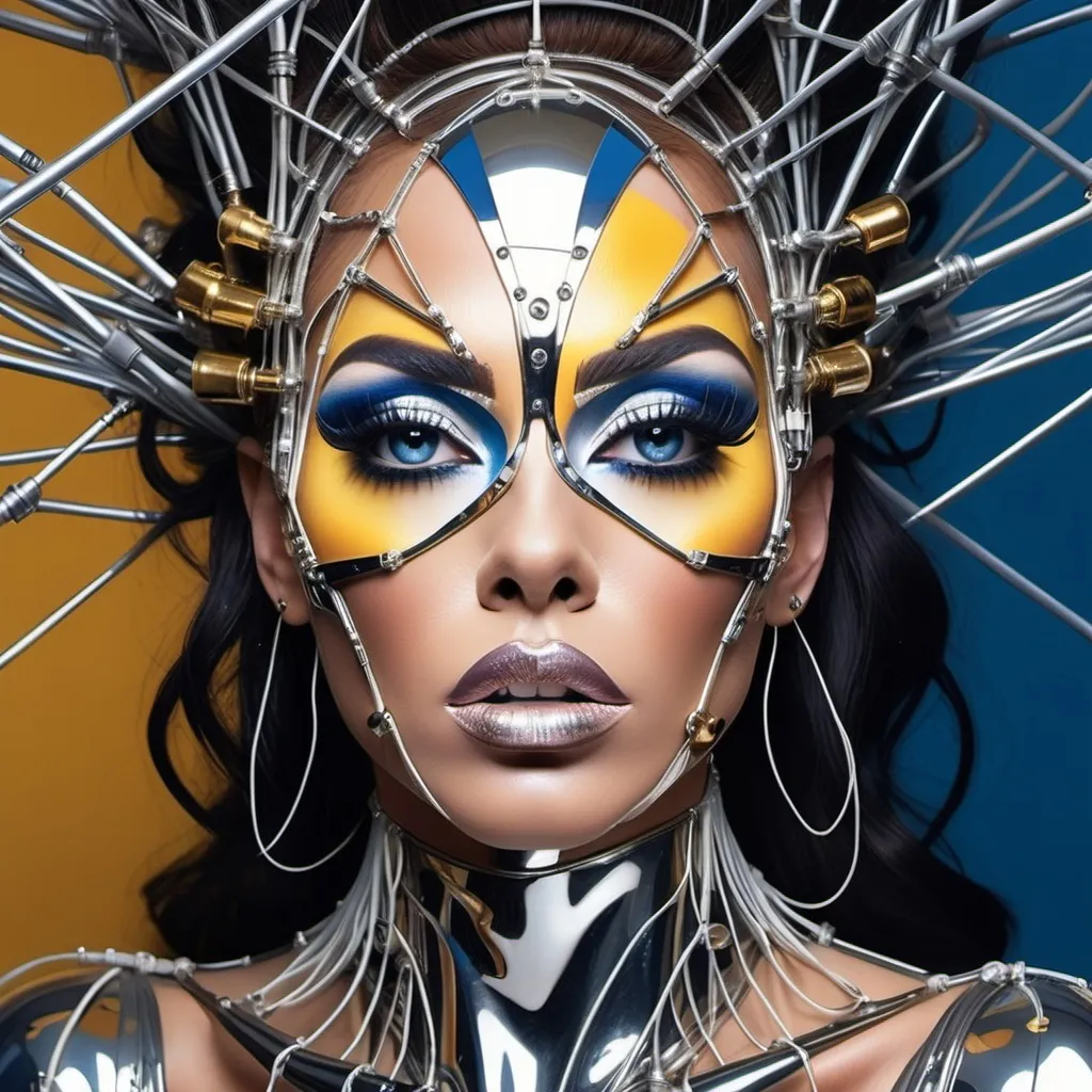 Prompt: a gorgeous 25-year-old drag queen's face is futuristically transformed into a chrome-plated structure covered in wires. The left blue eye is shown in photo-realistic detail. the right eye futuristic. It is surrounded by silver and gold detailed small shapes against an abstract background that depicts dark yellow tones as dripping paint 