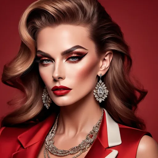 Prompt: A mesmerizing portrait graces the cover of an elite fashion magazine, capturing the essence of high-end sophistication. Set against a sunset-red backdrop, the gorgeous, muscular, Hungarian drag queen (slight masculine jawline and brow features), model exudes confidence and allure, adorned in exquisite fashion garments that epitomize elegance and class. This breathtaking image transcends traditional notions of style, embodying an innovative vision of haute couture that pushes the boundaries of modern aesthetics.