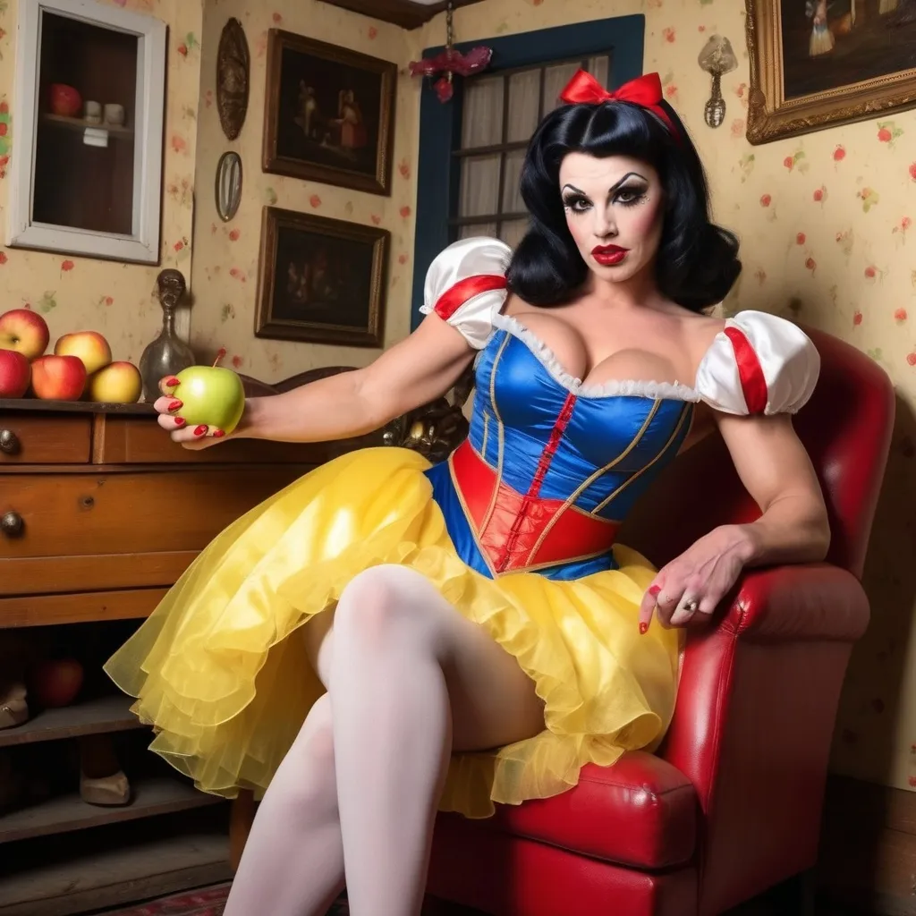 Prompt: Gorgeous muscular 25-year-old Hungarian drag queen bodybuilder with huge busom and short black hair dressed as Snow White with a yellow frilly dress, a blue & red corset, a red ribbon in her hair, and 8 inch stiletto high heel shoes.  Holding an apple in a quaint cottage.