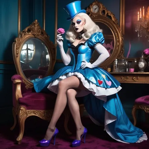 Prompt: Gorgeous muscular cyberpunk drag queen (Disney's) Alice (in Wonderland), great legs, crystal high heels,  dark lipstick.