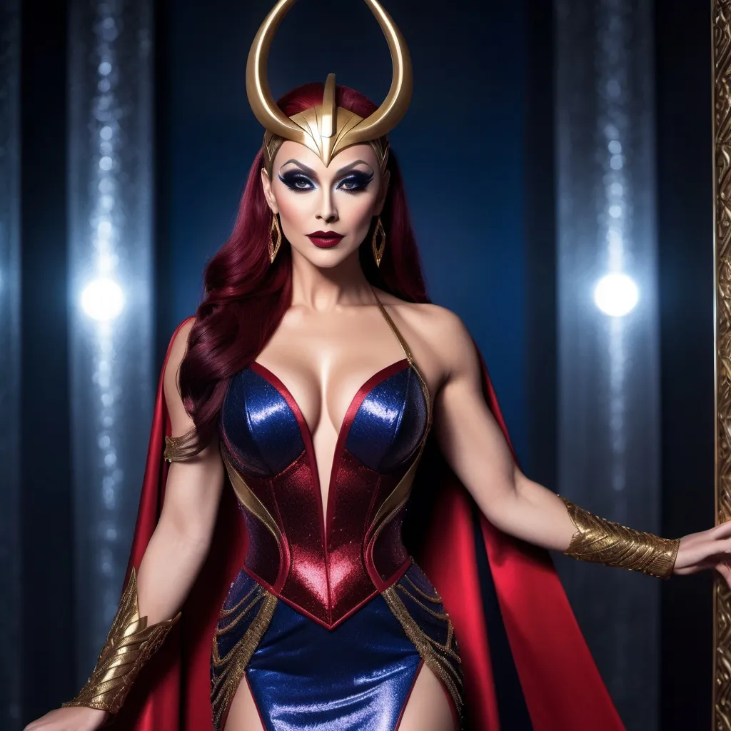 Prompt: If Loki was a gorgeous muscular drag queen (full length photo) with long muscular legs and a very muscular physique. Performing in a beautiful gown. Dark eye shadow, heavy mascara, and dark red lip stick.