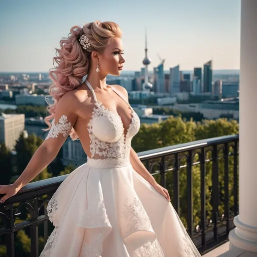 Prompt: Gorgeous ultra-muscular 25-year-old Finnish goddess bodybuilder with huge busom and ridiculously long wavy pink updo hairstyle wearing an elegant white wedding dress, standing on the balcony of her luxurious mansion overlooking the city skyline. She has soft makeup. The gown features delicate lace detailing along its bodice and halter neckline, complemented by sheer sleeves that accentuate her figure's curves. Her pose is confident yet graceful as she gazes out at the horizon, embodying grace and elegance in timeless beauty in the style of a classic painting