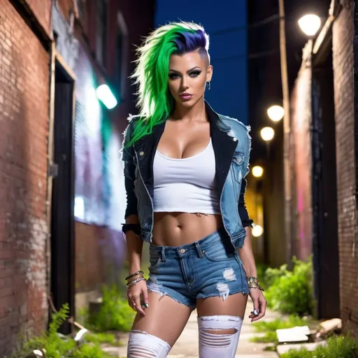 Prompt: Gorgeous ultra-muscular 25-year-old Mid-Western goddess with huge busom and green violet short mohawk, wearing ripped denim shorts, ripped t-shirt, ripped denim jacket, ripped white tights, and black 8 inch stiletto high heel shoes, posing (flirtatiously) in a back alley at night.