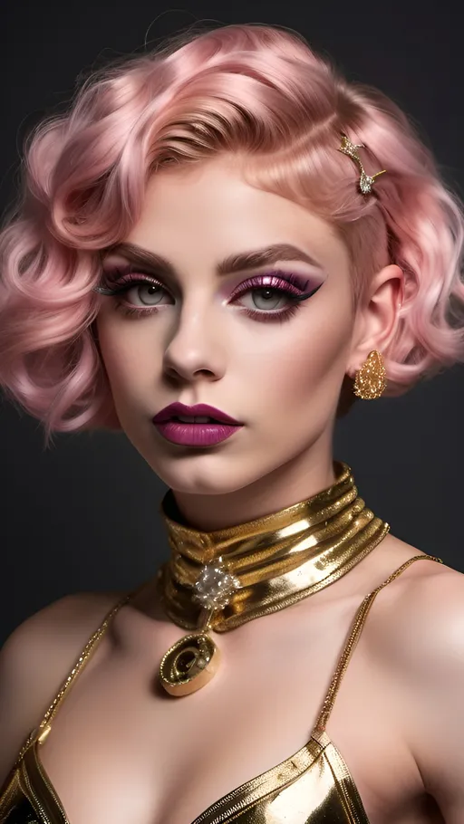 Prompt: a gorgeous ultra-muscular 18-year-old Slovakian drag queen bodybuilder with short pink wavy pixie hair and a gold dimante dress is posing for a p, Chica Macnab, neoclassicism, full round face, dark eye makeup,  dark lipstick, bow earrings with diamond necklace and glossy lips