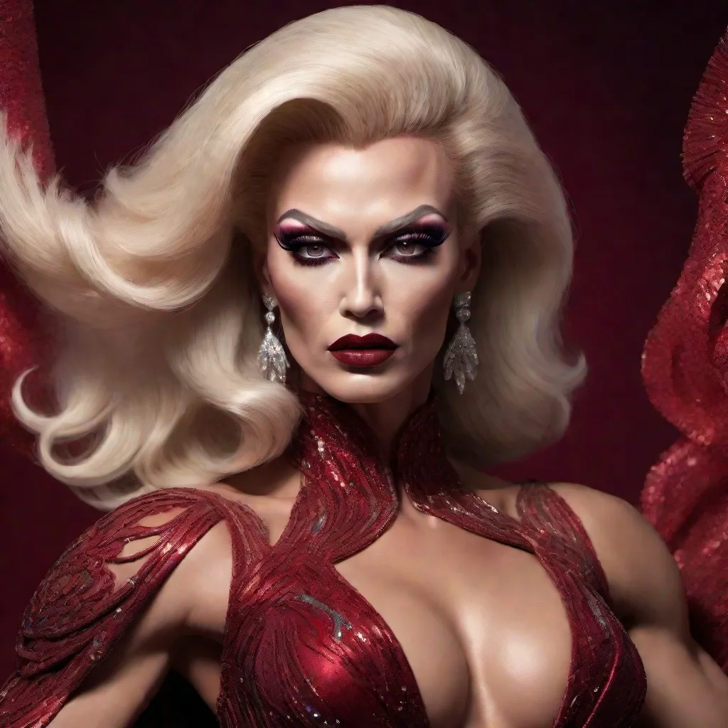 Prompt: image of Dolph Lundgren dressed as a (muscular body) gorgeous 25-year-old Czechian drag queen wearing a flamboyant, yet conservative Bob Mackie designer Gown, very well endowed, dark heavy eye makeup,  dark red lipstick, hyper-realistic quality, ultra-detailed 4K imagery.