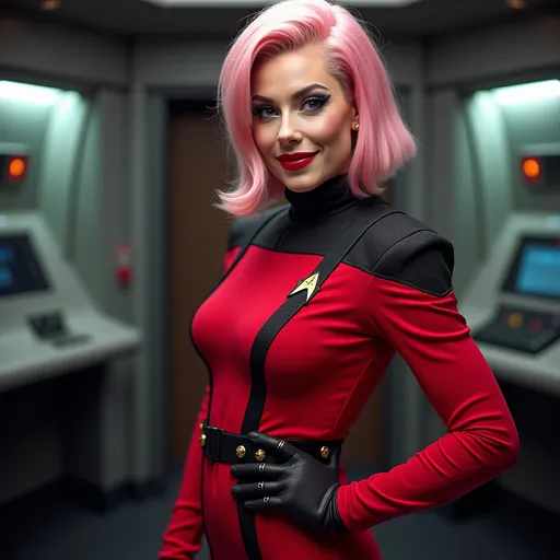 Prompt: Gorgeous ultra-muscular 25-year-old Czechian drag queen, Chanel Santini, Star Trek Uniform, harness:1.4, full lips, short swept over pink hair, heavy mascara, dark eyeshadow, dark red lipstick, Bridge Command Center Background, instagram pose, smiling, raw photo, sharp focus on eyes, film grain, magazine cover, high quality, clothing details, fine fabric, full body, art student, (official art, extremely detailed CG unity 8k wallpaper), beautifully detailed eyes, detailed fine nose, detailed fingers, (8k), (best quality), ( masterpiece:1.2), (realistic), ( photorealistic:1.57), extremely detailed handsome gentlebeing, couture, magazine cover, textless, high quality, clothing details, fine fabric, full body, 8k, cinematic lighting (high detailed skin:1.1) ,Enhance,Golden Inspiration