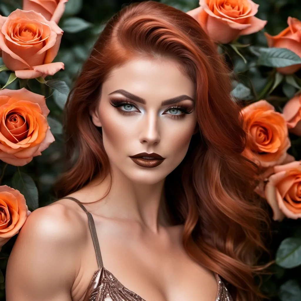 Prompt: Full body portrait of a caucasian gorgeous ethereal ultra-muscular Czechian 25-year-old goddess bodybuilder,  The color scheme of the image is dominated by bronze and iron hues. Her ridiculously long, burnt orange hair is elegantly gathered in a sleek bun, adorned with roses for added sophistication. The ethereal and fairy-like makeup enhances her divine beauty, with intricate bronze accents around her eyes, shimmering highlights on her cheeks, and a radiant, bronze lip color.

The goddess wears a short metallic gown that catches the light and reflects golden highlights as she moves. The view from a distance accentuates the goddess's perfect form 