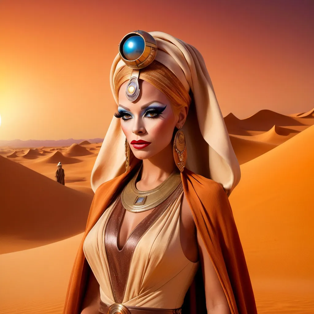 Prompt: The most beautiful drag queen on Tatooine wearing the traditional Tatooine dress.