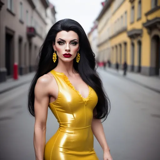 Prompt: professional fashion photography portrait, classy, voguish, gorgeous, ultra-muscular 25-year-old Swiss drag queen in a casual yellow dress on the street, chic rococo minimalism, long shiny black hair, hypnotizing eyes, rosy cheeks, glistening skin, dark red lipstick,  immaculate makeup, fantastic realism, epic storytelling, high contrast, highly detailed, crisp,